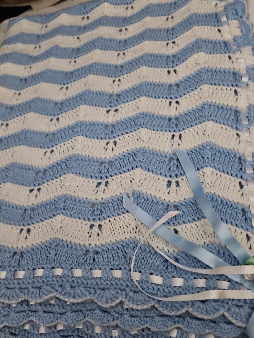 Blue And White Hand Knitted Crochet Afghan Baby Blanket Lap Throw